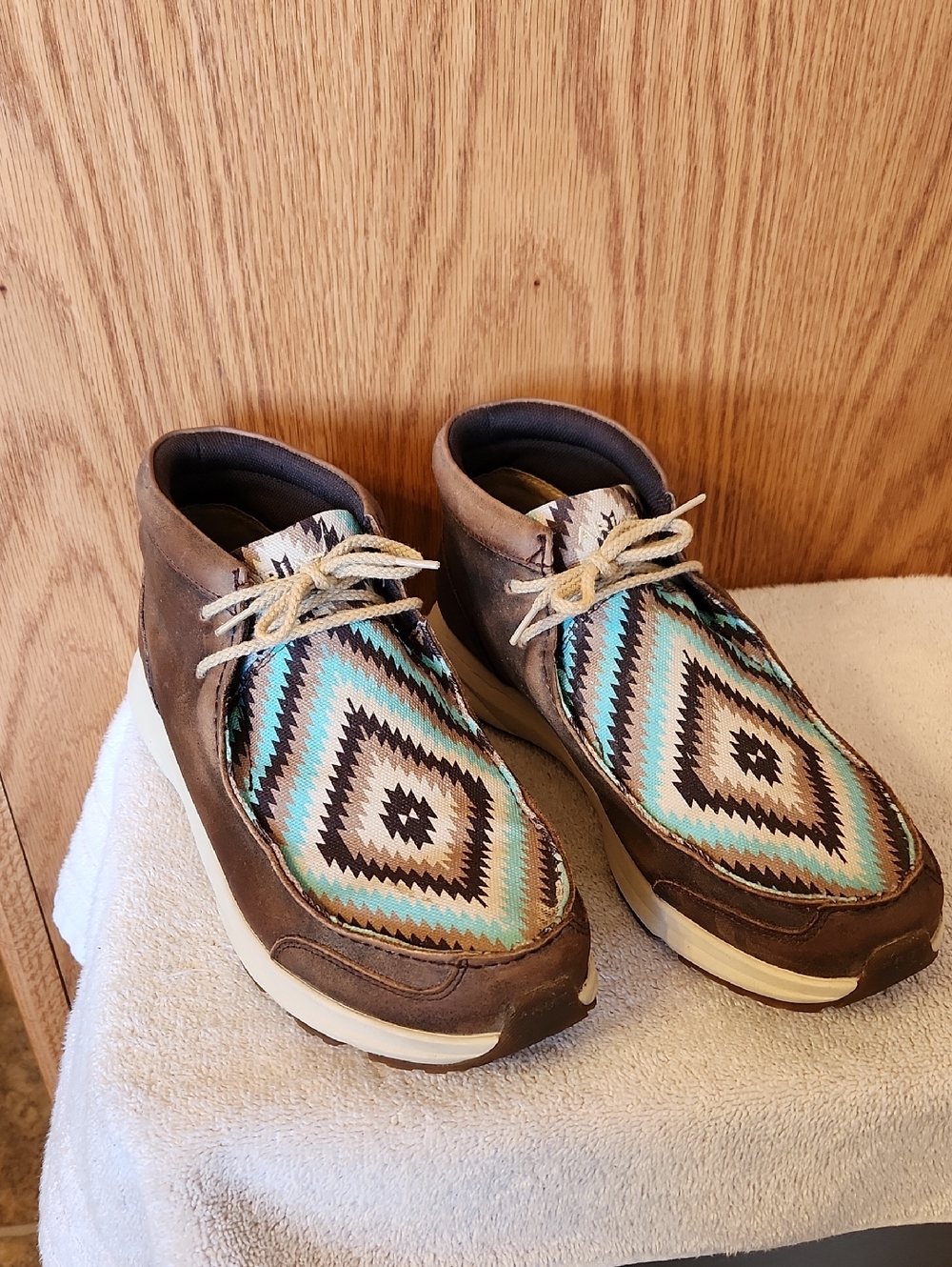 Ariat Brown Leather Sneakers with Turquoise Aztec Panels